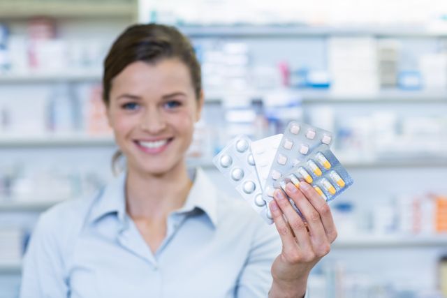 Smiling pharmacist holding blister packs of medicine in a pharmacy. Ideal for use in healthcare, pharmaceutical, and medical-related content. Can be used in articles, advertisements, and educational materials about pharmacy services, medication management, and healthcare professionals.