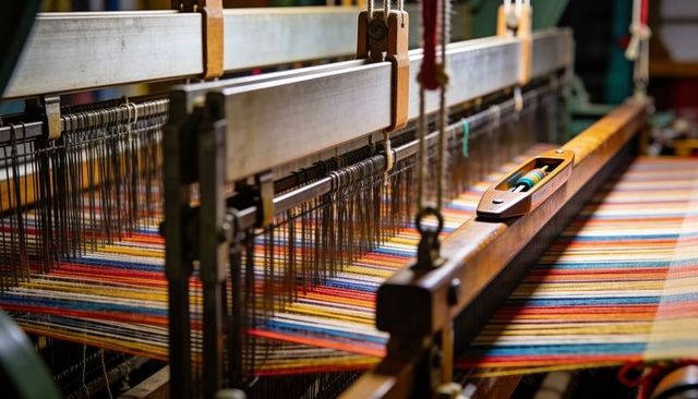 Weaving vibrant striped textile on traditional wooden floor loom with shuttle
