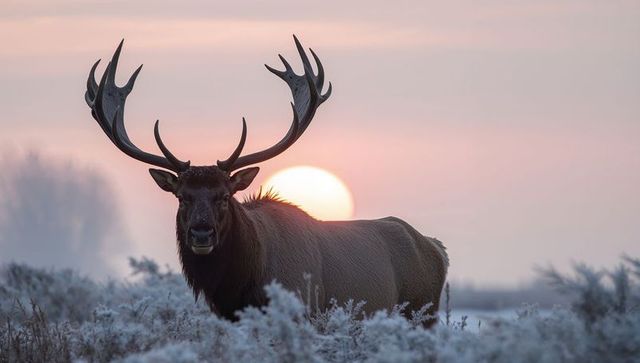 Bull elk standing in frosted meadow at sunrise with majestic antlers silhouetting