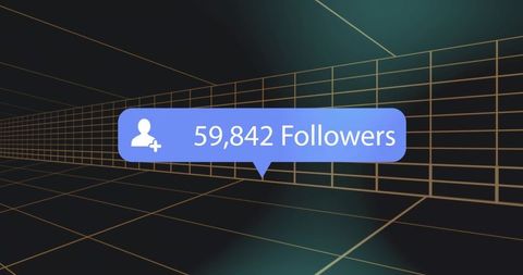Neon follower notification bubble floating in 3d grid displaying 59,842 followers