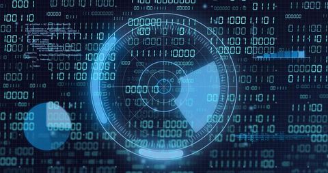 Central radar HUD scanning over cyber network with binary streams, neon-blue interface
