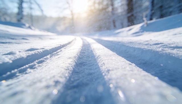 Sunlight reflecting on groomed parallel snow tracks leading through frozen forest at dawn