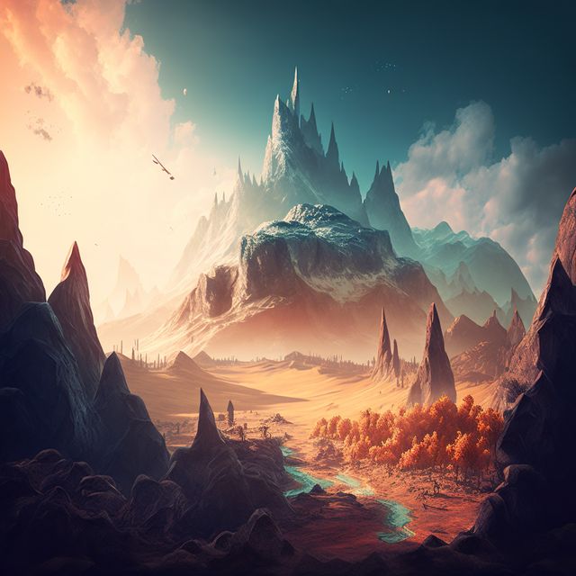This striking image showcases a majestic mountain against a glowing sunset, with towering peaks dominating the skyline. The vivid colors and surreal atmosphere evoke a sense of fantasy and untouched beauty. It is perfect for use in travel and adventure promotions, inspirational scenery displays, fantasy literature covers, or desktop backgrounds.