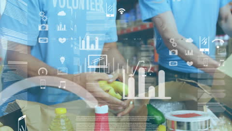 Volunteers Sorting Goods with Digital Data Overlay in Warehouse