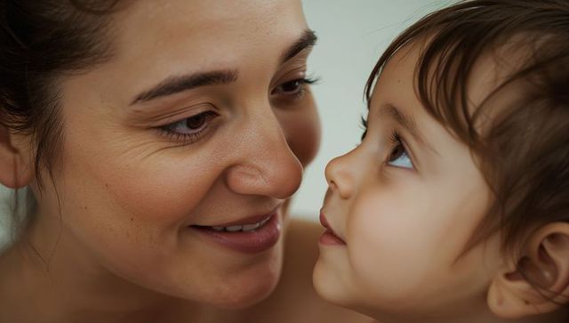 Smiling mother gazing at toddler sharing tender bond closeup for parenting and family
