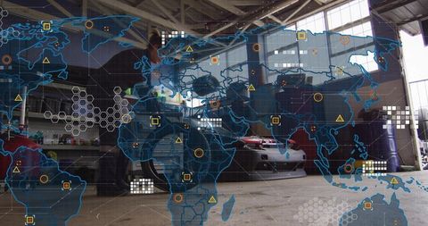 Mechanic repairing high-performance sports cars in garage with global cyber overlay