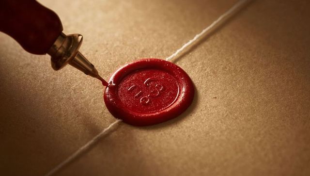 Dripping red wax sealing kraft parcel with white twine macro closeup of round seal