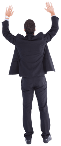 Confident Businessman Raising Hands in Victory on Transparent Background
