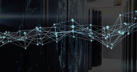 Glowing network nodes interconnecting in dark data center