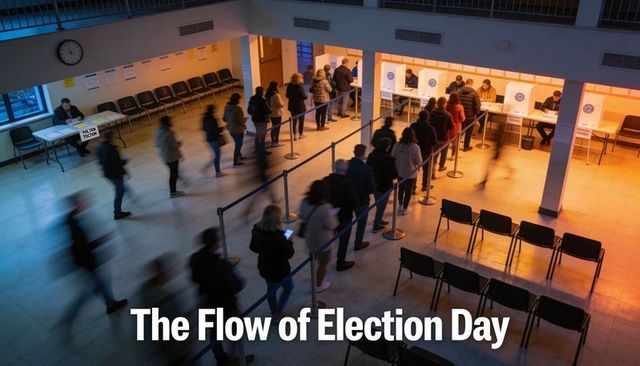 Voters forming line inside municipal polling station during election day