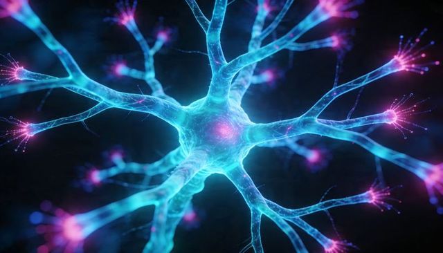 Glowing neuron displaying soma and branching dendrites with magenta synapses, microscopic