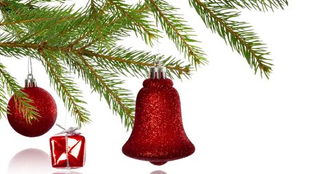 Festive Christmas Ornaments on Pine Branches Against White Background