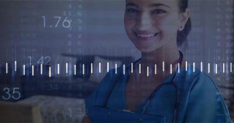 Smiling nurse holding clipboard with digital health analytics, clinical data visualization