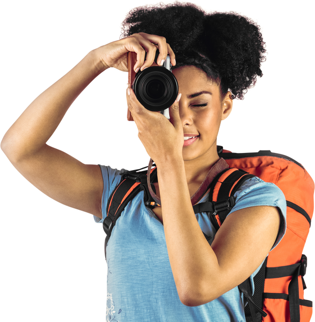 Transparent Young Woman with Backpack Taking Picture White Background - Download Free Stock Videos Pikwizard.com