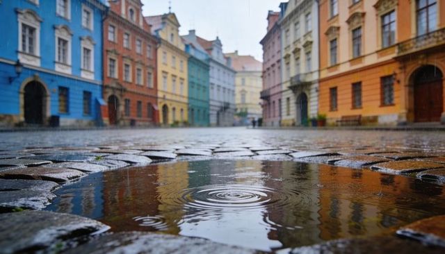 Low-angle rainy cobblestone street with pastel facades and rippled puddle reflections