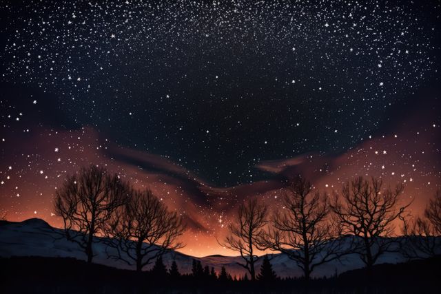Depicts clear, star-filled sky above silhouetted forest with a glowing orange horizon. Useful for designs in astronomy contexts, evening outdoor scenes, and serene nature landscapes. Good for decorative prints, calendar designs, and backgrounds for inspirational quotes.