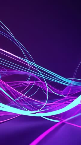 Vertical video: Emerging cyan and magenta neon ribbons looping into futuristic purple waves