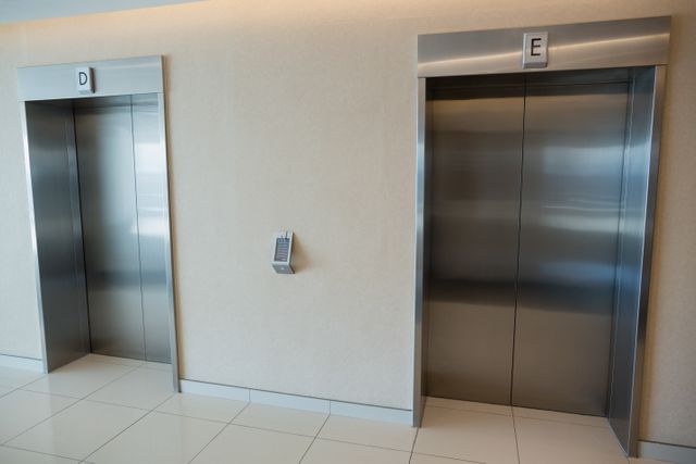 Two modern elevator doors in lobby of office building