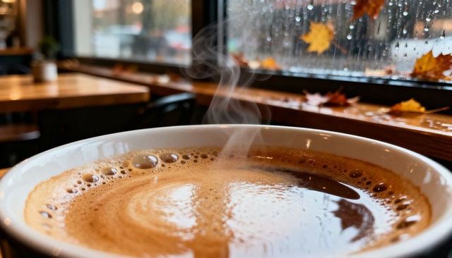 Steaming cup of coffee on wooden table by rainy window with autumn leaves