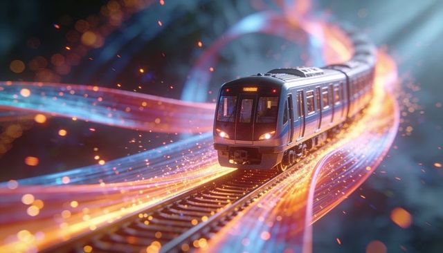 Futuristic metro train racing through neon-lit tunnel with glowing light trails