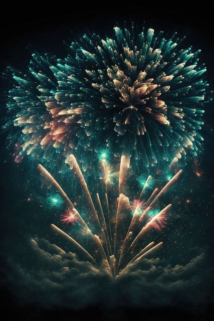 Colorful bursts of fireworks illuminate the dark sky, creating a festive and celebratory atmosphere. Perfect for illustrating articles on celebrations, holidays, festivals, and special events. Ideal for use in digital and print media to enhance party invitations, event promotions, and decorative posters.