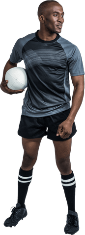 Transparent Confident Athlete Holding Rugby Ball Outdoors