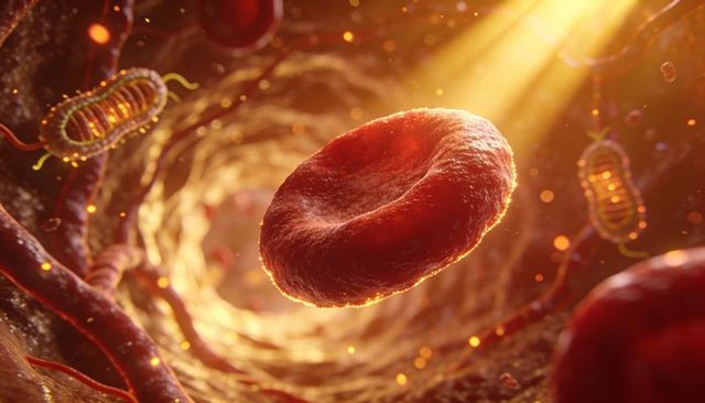 Glowing erythrocyte drifting through capillary with bacteria and plasma particles