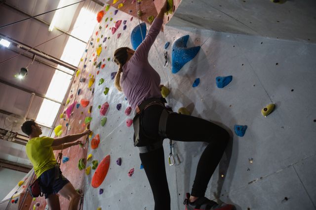 Low angle view of athletes rock climbing in fitness club - Download Free Stock Photos Pikwizard.com