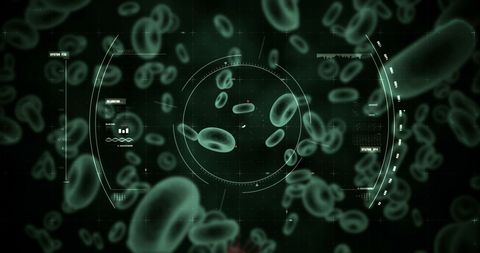 Digitally rendered virus and red blood cells in futuristic interface