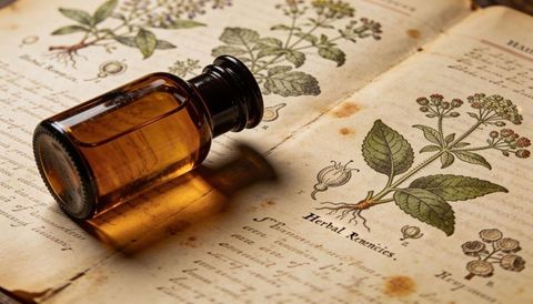Lying amber apothecary bottle on antique botanical illustration book with foxing