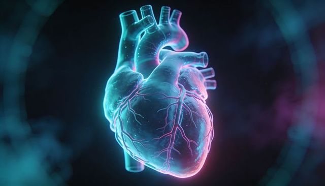 Translucent Neon Heart Hologram Glowing with Coronary Vessels and Futuristic HUD Rings