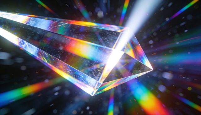 Crystal prism splitting white light into vivid rainbow flares and spectral rays