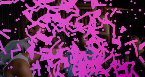 Vibrant 3D Shapes with Laughter in Nightlife Setting