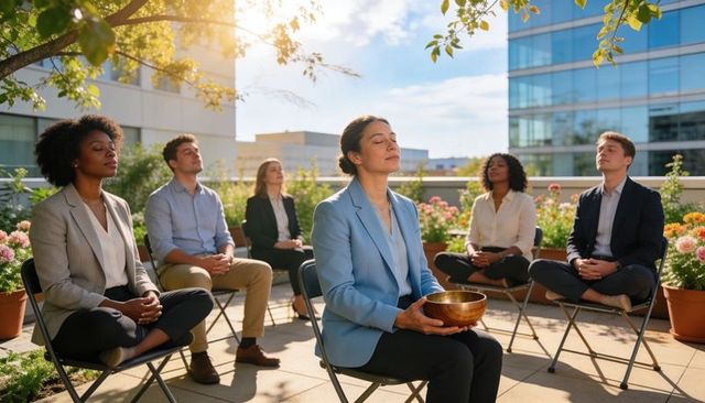 Asian leader guiding corporate mindfulness session on rooftop garden with team