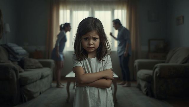 Child sitting stoically amid parental argument at home