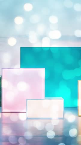 Vertical video drifting bokeh passing glowing color panels on reflective studio floor