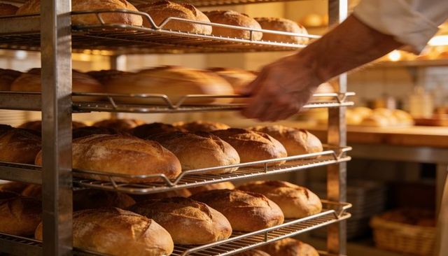 Baker adjusting multi-tier rack of crusty artisan loaves under warm bakery lighting