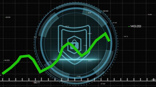 Visual representation of cybersecurity statistics with a prominent growing trend line overlaying a security shield icon. This conceptual illustration is ideal for use in blogs or articles focusing on cybersecurity trends, business technology growth, or online safety education.