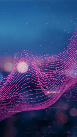 Forming magenta data wave over blue bokeh backdrop | Vertical digital grid animation