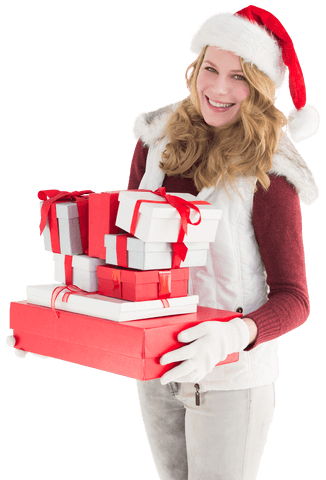 Joyful Blonde Woman Carrying Holiday Gifts in Santa Hat Transparent