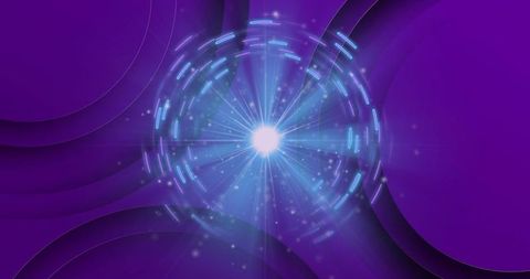 Futuristic Glowing Orb with Dynamic Radial Beams on Purple Background