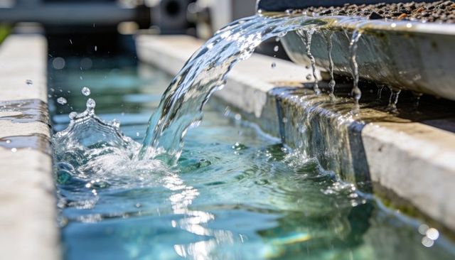 Sunlit fountain pouring arcing water from metal spout into stone basin with droplets