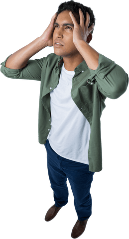 Tensed Man in Green Shirt Holding Head in Worry on Transparent Background - Download Free Stock Videos Pikwizard.com
