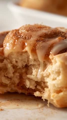 Vertical macro video zooming into bitten cinnamon roll with melting glaze and syrup drips