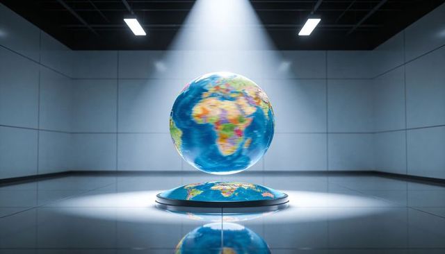 Suspended rotating globe hovering above illuminated circular platform in minimalist chamber