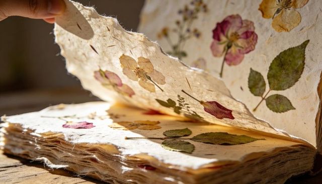 Hand turning deckled pages of handmade paper book with pressed flowers and leaves