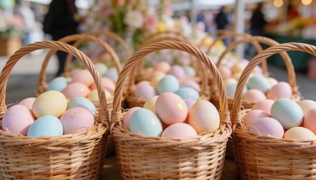 Wicker baskets holding pastel-dyed easter eggs with gold-fleck accents at craft market