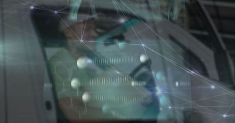 Technician Analyzing Data with Futuristic Network Overlay Concept