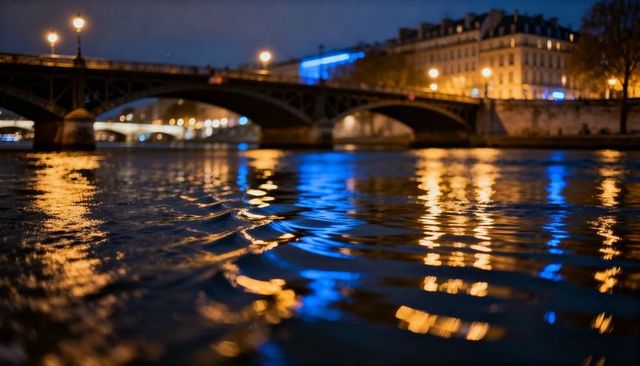 Glittering ripples reflecting gold and blue city lights under arched bridge at night