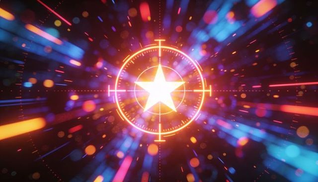 Neon star hud reticle pulsing with radial streaks and bokeh particles sci-fi interface
